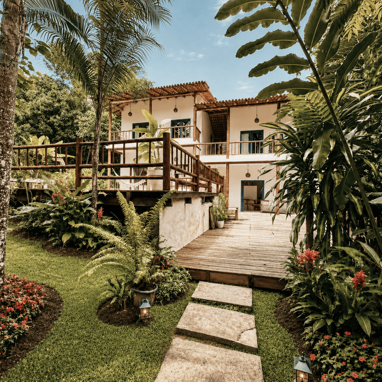 Fachada da Casa Angelina vista do jardim, com caminho de pedras