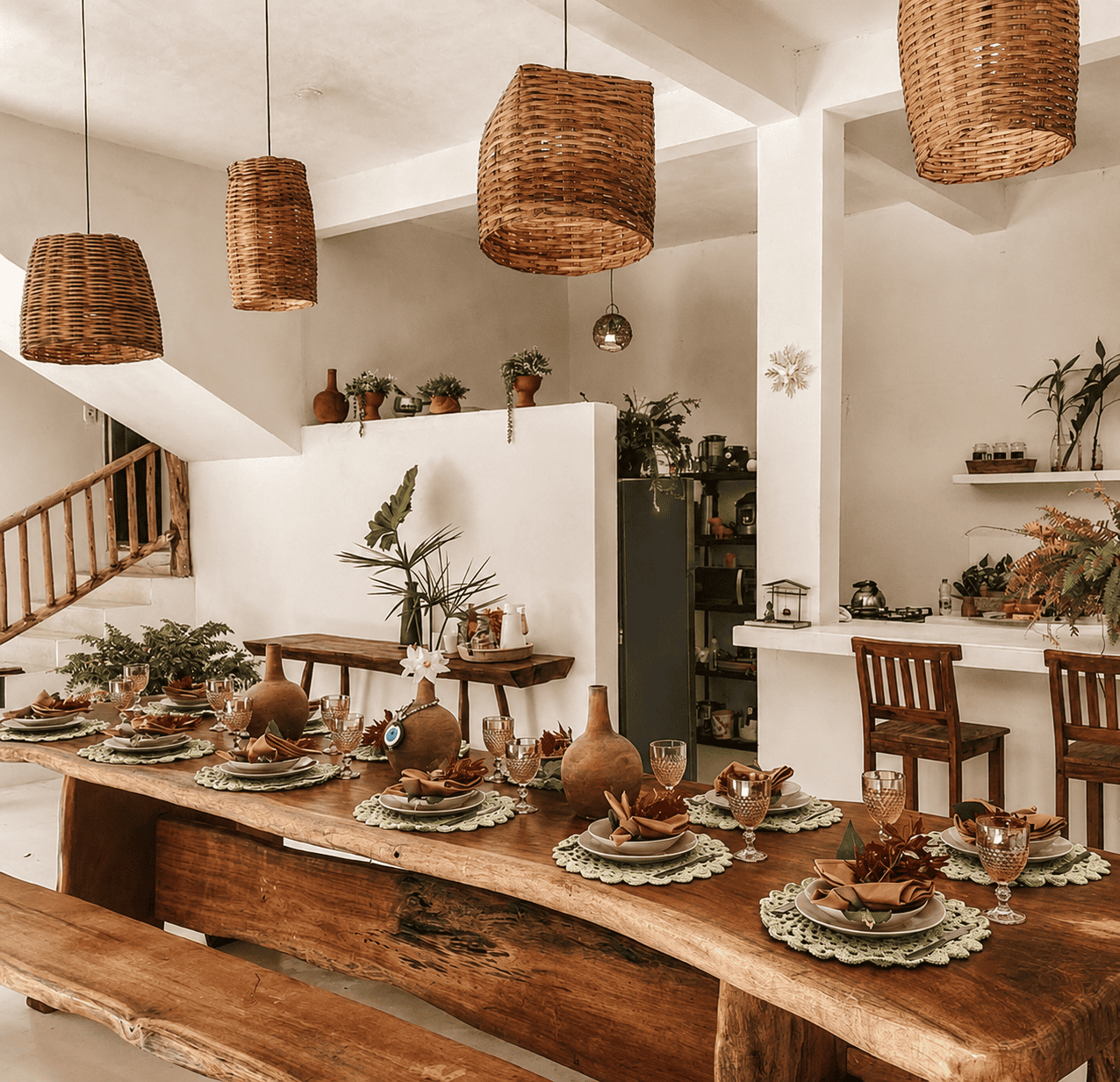 Mesa posta sob luminárias de palha, ao lado da cozinha