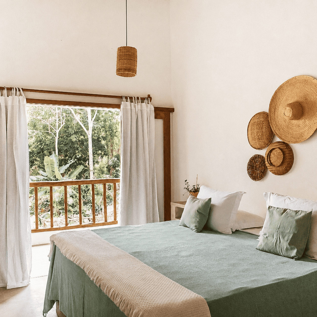 Quarto da Casa Angelina com colcha verde e chapéus de palha na parede.