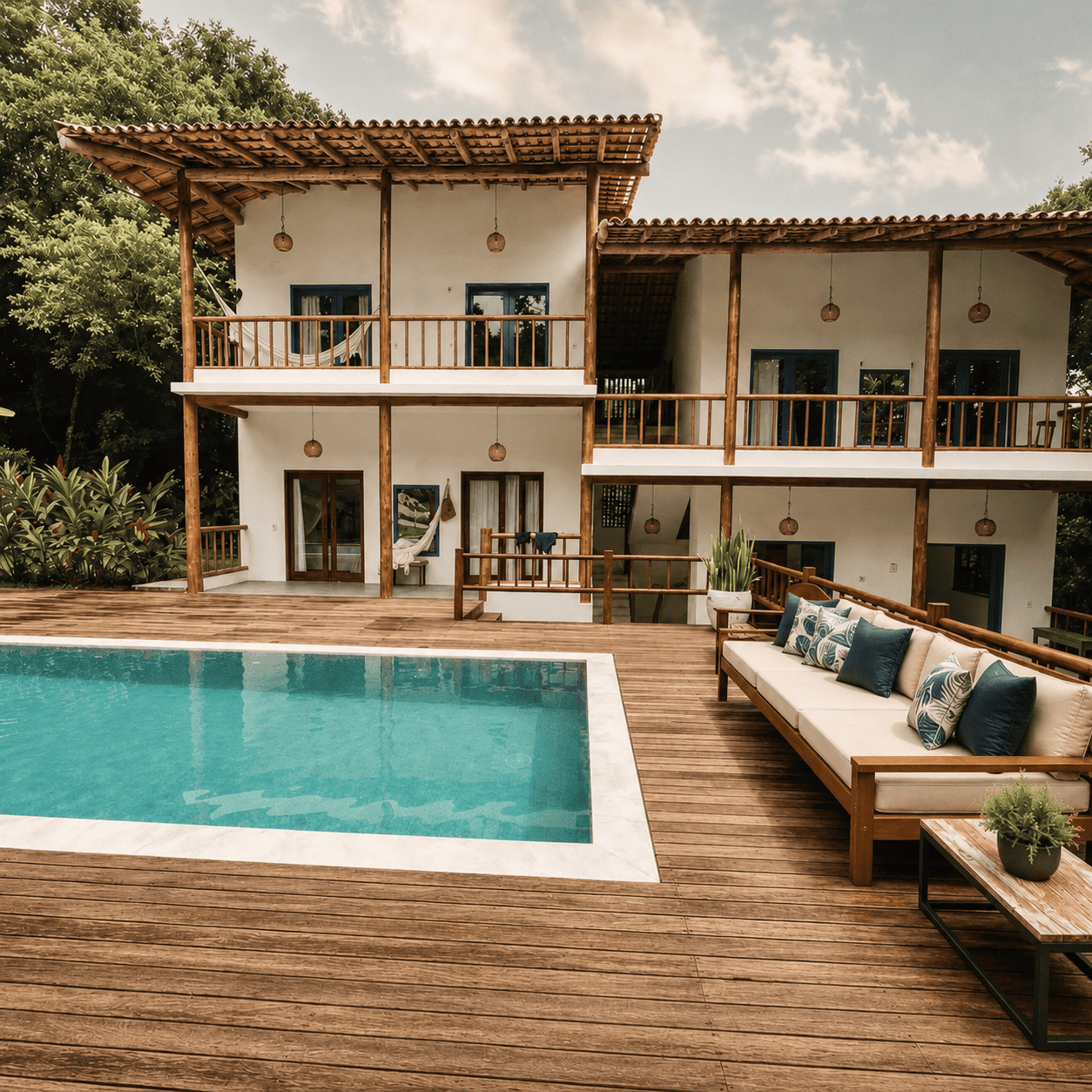A casa de dois pavimentos com a piscina e o deck de madeira