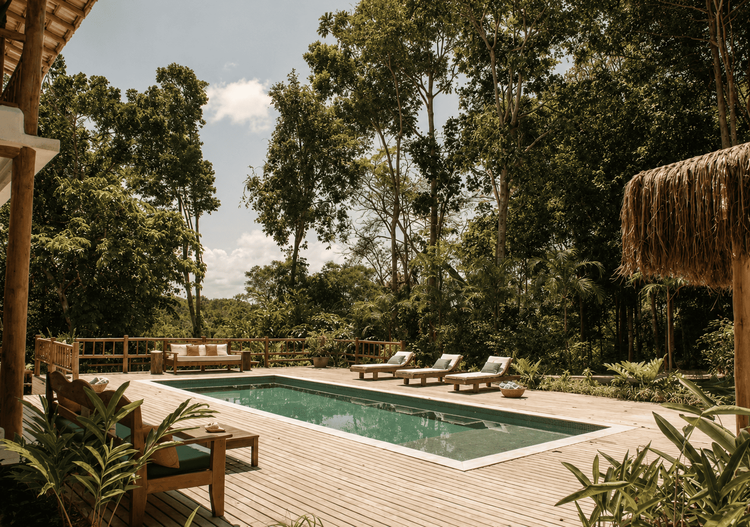 Deck de madeira e espreguiçadeiras à beira da piscina